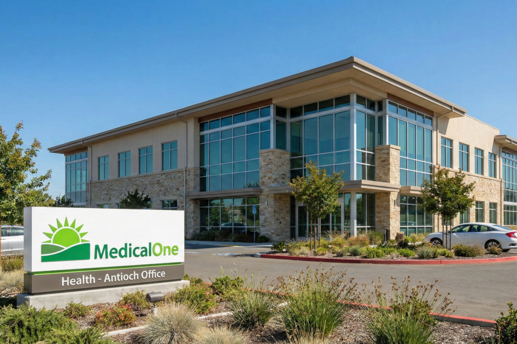 Exterior view of the modern MedicalOne Health headquarters building and sign in Antioch, CA, the center of MSN-led home health operations.