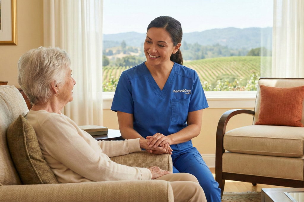 A MedicalOne Health skilled nurse providing compassionate in-home clinical care to a senior woman in a Sonoma County home overlooking vineyards