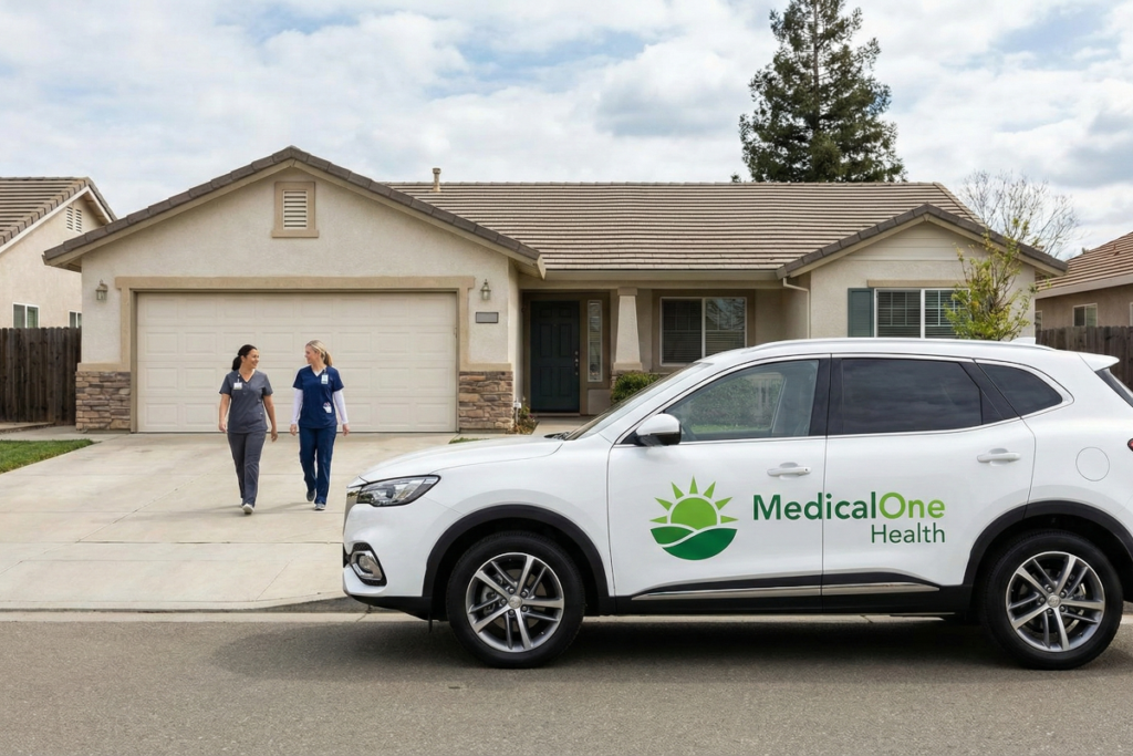 The MedicalOne Health mobile team arriving in a branded company vehicle at a residential home in the Sacramento Central Valley region