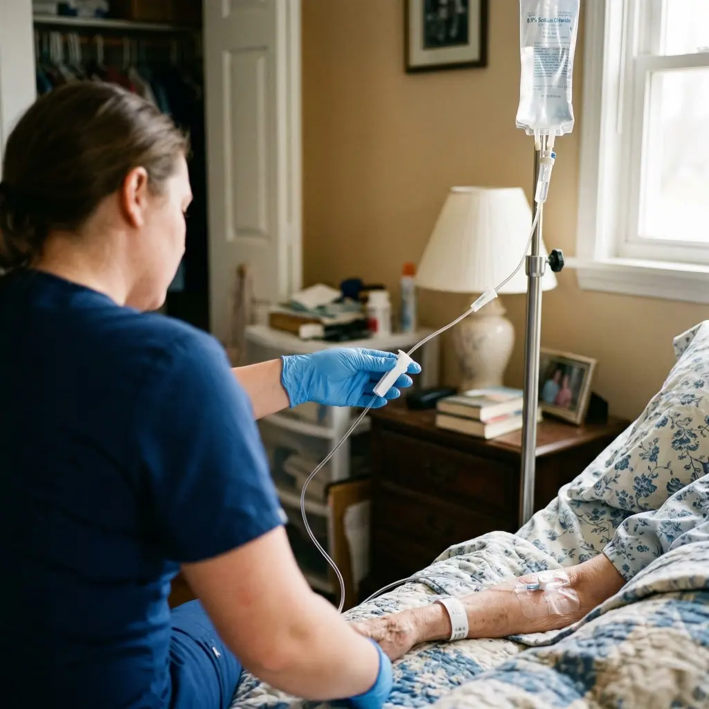 Registered nurse managing a high-acuity IV line infusion for a patient in a private home setting.