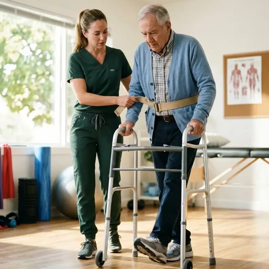 Physical therapist assisting patient with home mobility.