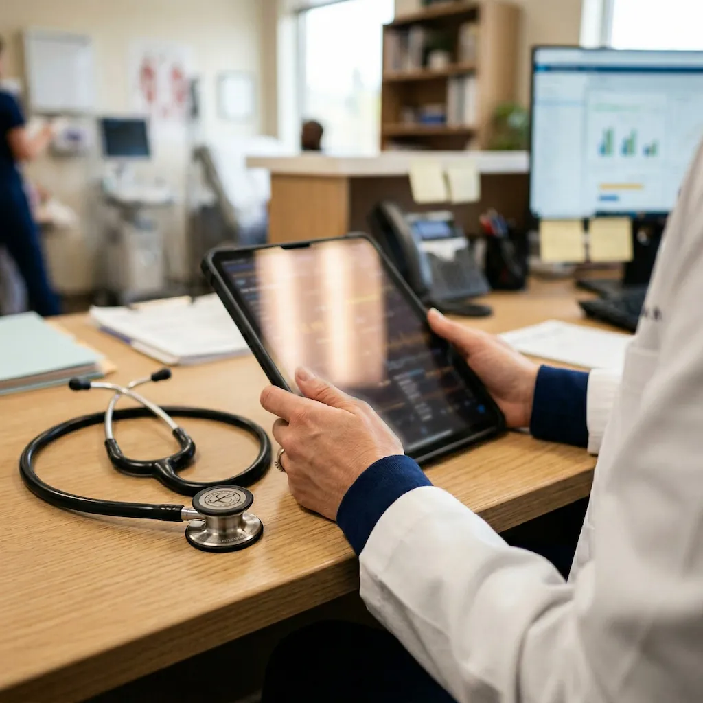 Over-the-shoulder view of a MedicalOne Health clinician in a white lab coat reviewing digital patient records on a tablet beside a stethoscope.