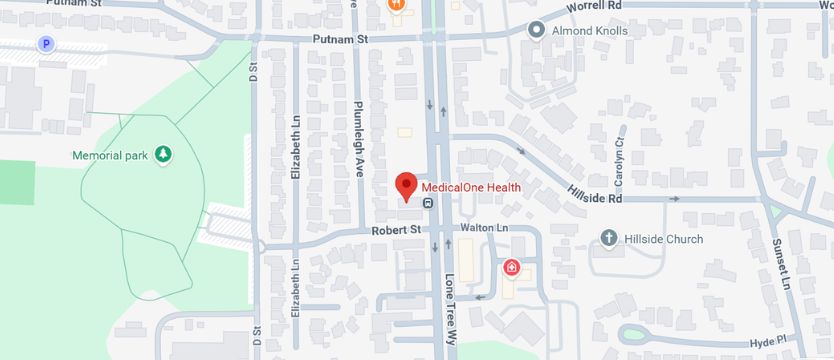 Map showing the MedicalOne Home Health agency office location in Antioch, California.