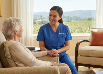 A MedicalOne Health skilled nurse providing compassionate in-home clinical care to a senior woman in a Sonoma County home overlooking vineyards